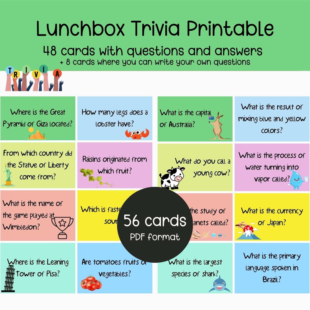 Lunch Box Notes Trivia Printable Kids Lunchbox Trivia Etsy