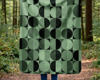Moderne Sherpa-Fleece-Decke aus der Mitte des Jahrhunderts, geometrischer MCM-Überwurf, salbeigrüne Tagesdecke, ästhetisches Wohndekor