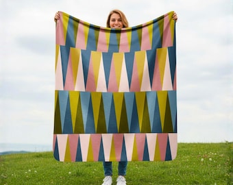 Mid Century Modern Decke, MCM Sherpa Fleece Überwurf, Geometrischer Retro Druck, Pink Petrol Grünes Wohndekor