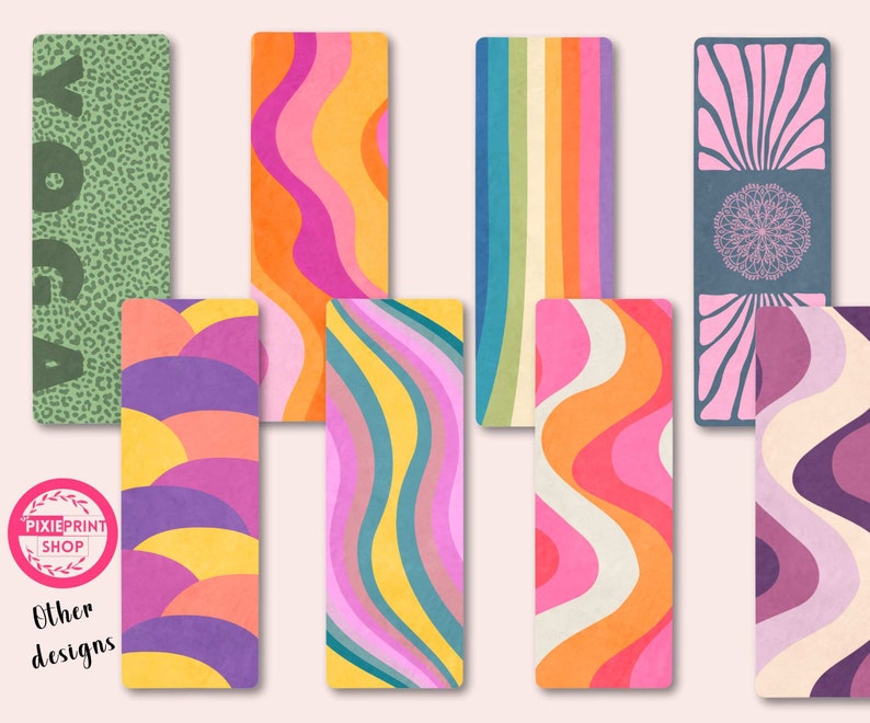 May include: A set of eight yoga mat designs featuring various patterns and colors, including green, yellow, pink, purple, blue, and orange. The designs include abstract waves, geometric shapes, and floral motifs. The text "Yoga" is printed on one of the mats.