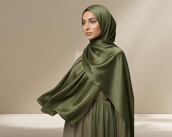 Olive Green Satin Crinkle Hijab: Metallic Sparkly Party Scarf