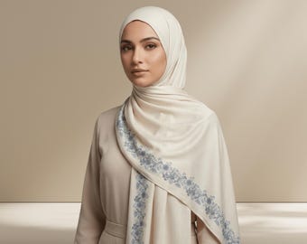 Reversible Bamboo Modal Hijab Scarf: Neutral &Floral Printed border, breathable for summer