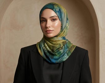 Watercolor Green Saphire Jewel Chiffon Hijab – Printed Headscarf for Work, Eid, Weddings & Formal Occasions