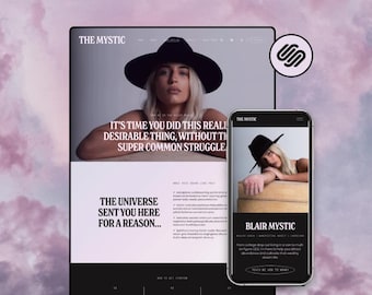 May include: A website screenshot featuring a woman wearing a black hat and a white shirt. The text on the website reads "The Mystic" and "It's time you did this really desirable thing, without the super common struggle."