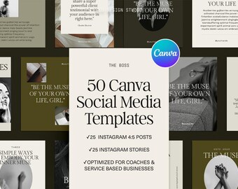 Puede incluir: Un conjunto de plantillas de redes sociales de Canva, con el texto central "50 plantillas de redes sociales de Canva". Optimizadas para entrenadores y empresas de servicios, con 25 publicaciones de Instagram 4:5 y 25 historias de Instagram.