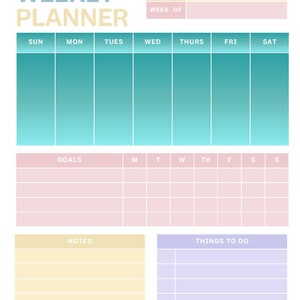 May include: A weekly planner with a teal and pink color scheme. The planner has sections for goals, notes, and things to do. It also includes a calendar section for the week with days of the week labeled.
