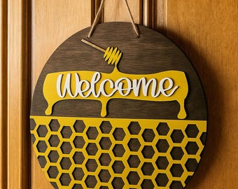 Bee Welcome Sign SVG: Honeycomb Door Hanger Laser Cut File (Digital Download)