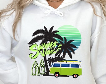 Summer Vibes Graphic Hoodie: Beach Palm Tree Sweatshirt
