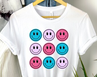 Womens Smiley Face T-Shirt: Colorful Emoji Graphic Tee