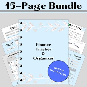 Puede incluir: Una descarga digital de un rastreador financiero y un organizador imprimible de 15 páginas. La portada presenta un fondo azul claro con un diseño floral y el texto "Finance Tracker & Organizer".