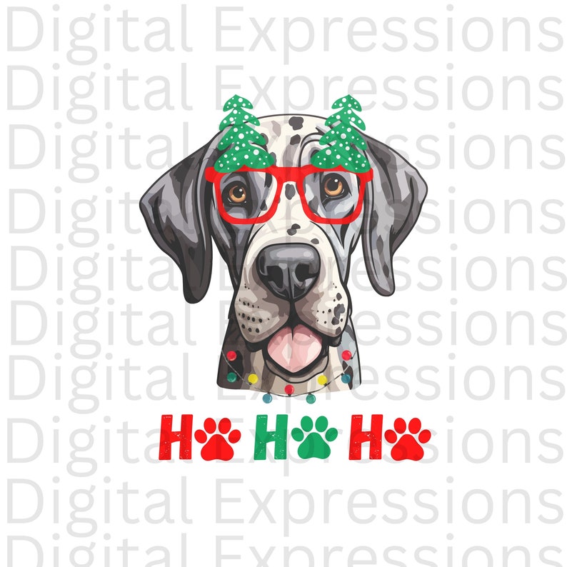 May include: A cartoon illustration of a dog wearing red glasses and a Christmas light garland. The dog has green Christmas trees on its head and the text "Ho Ho Ho" with paw prints is below the dog.