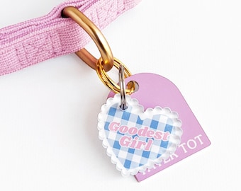 Goodest Girl Pet Collar Charm – Scalloped Heart with Preppy Coquette Gingham Pattern, Handmade Dog & Cat Accessory Gift