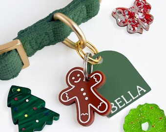 Christmas Pet Collar Charm Set – Tree, Wreath, Gingerbread & Glitter Bow, Handmade Dog and Cat Holiday Accessories
