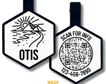 Mountain Road QR Code Silicone Pet ID Tag, Outdoorsy Dog Tag, Engraved Silent Pet Name Tag, Personalized Custom Tag for Dogs and Cats