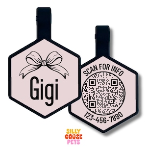 Coquette Bow QR Code Silicone Pet ID Tag, Cute Dog Tag, Engraved Silent Pet Name Tag, Personalized Custom Tag for Dogs and Cats