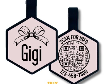 Coquette Bow QR Code Silicone Pet ID Tag, Cute Dog Tag, Engraved Silent Pet Name Tag, Personalized Custom Tag for Dogs and Cats