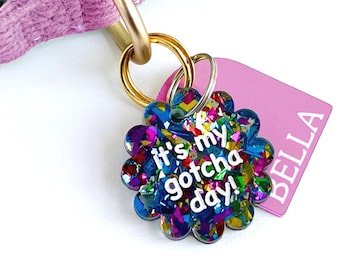 It’s My Gotcha Day Pet Collar Charm – Confetti Glitter Acrylic, Handmade Dog & Cat Adoption Day Birthday Accessory
