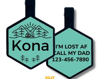 Camping Silicone Pet ID Tag, Outdoorsy Dog Tag, Engraved Quiet Pet Name Tag, Personalized Silent Tag for Dogs and Cats, Custom Pet ID