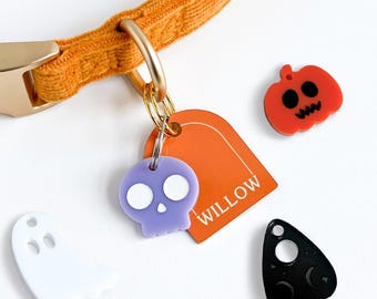 Halloween Pet Collar Charm Set – Skull, Ghost, Pumpkin & Planchette, Handmade Seasonal Dog and Cat Collar Accessories