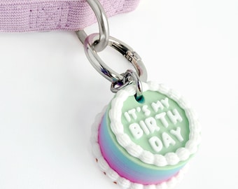 Birthday Cake Pet Tag – Dimensional Vintage Cake Shape, Pastel Collar Charm