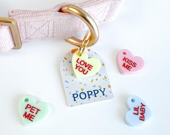 Conversation Hearts Pet Collar Charm Set – Pet Me, Lil Baby, Love You & Kiss Me, Handmade Valentine's Day Dog and Cat Accessories