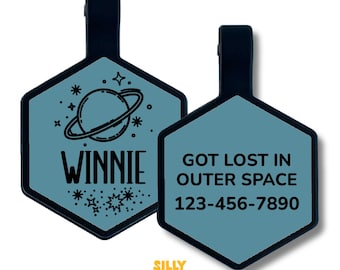 Space Silicone Cute Pet ID Tag, Engraved Dog Tag, Quiet Pet Name Tag, Personalized Silent Tag for Dogs and Cats, Durable Custom Pet ID