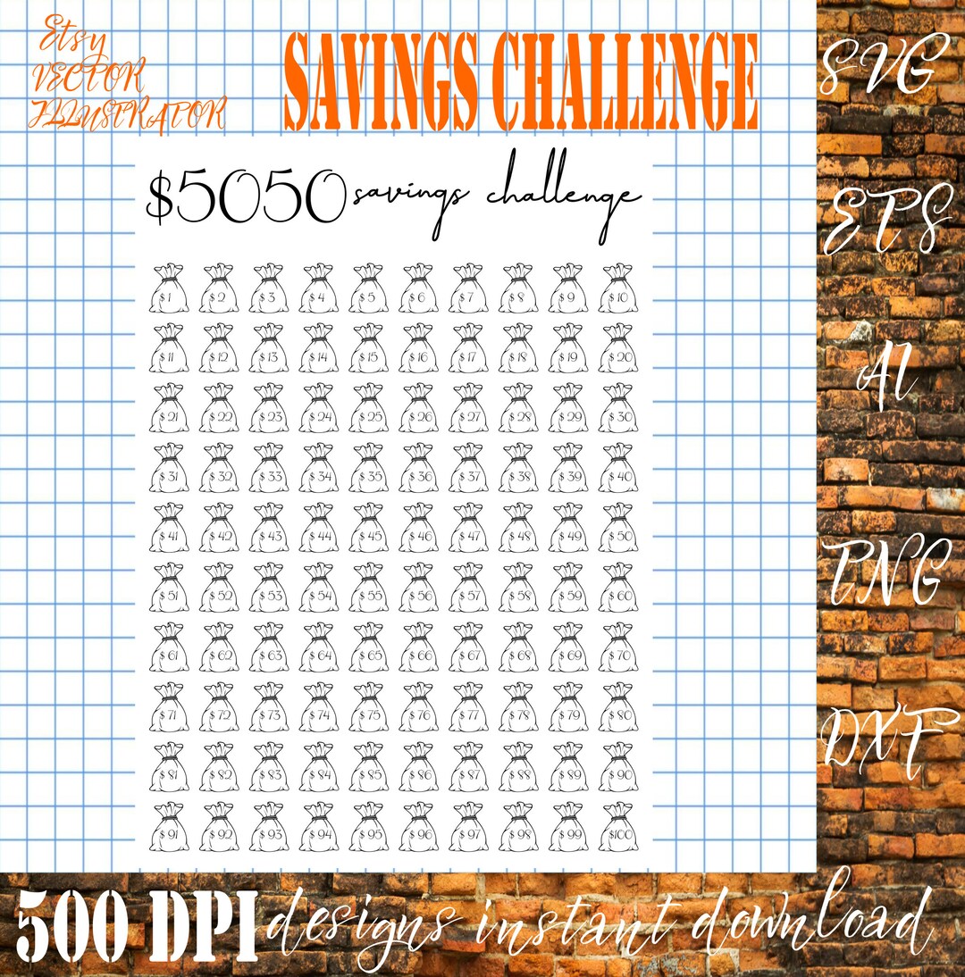 PDF 5050 Savings Challenge Printable, 100 Envelope Challenge Printable ...