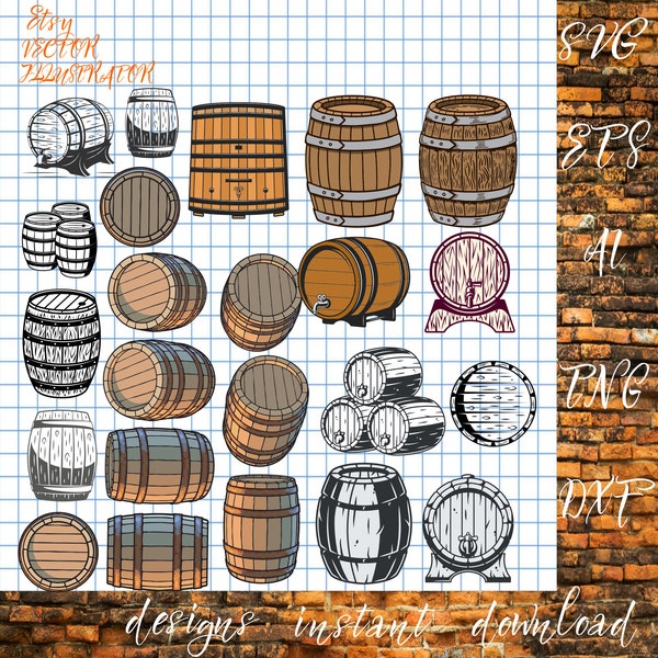 Wood barrel vector clipart set, Outline, Silhouette stamp & color graphic illustrations, Beer and Wine, Sublimation, Svg*Png*Eps*Dxf*Ai