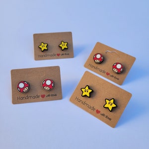 Mario, Super Star, and Super Mushroom Solid Maple Stud Earrings