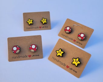 Mario, Super Star, and Super Mushroom Solid Maple Stud Earrings