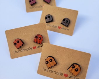 Exotic Solid Wood Stud Earrings - Pac Man Ghost Gang