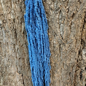 May include: A bunch of dark blue dried amaranth flowers, also known as tassel flowers, against a wood background. The text "Dark Blue" is written on a white tag.