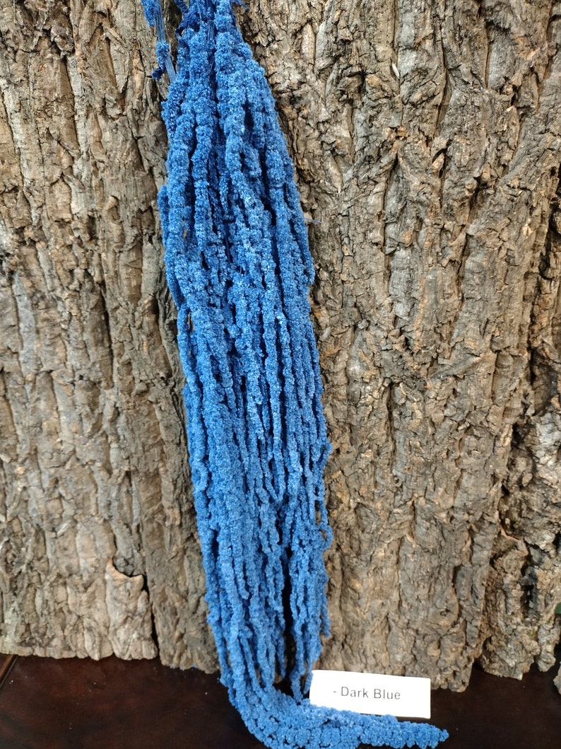 May include: A bunch of dark blue dried amaranth flowers, also known as tassel flowers, against a wood background. The text "Dark Blue" is written on a white tag.