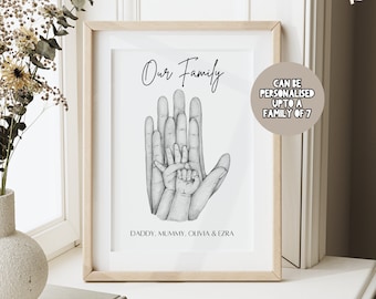 Custom Family Hands A4 Unframed Print, Personalised Family Handprint, B & W Family Handprint, Personalised Family Prints, Custom Home Print