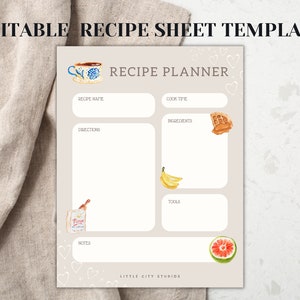 Watercolor Editable Recipe Card Template, Recipe Card, Printable Recipe Cards, Instant Download, Canva, Recipe template, DIY Recipe Card