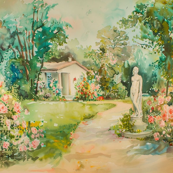 Pastel Watercolor Painting of Summer Cottage with Statue, Vintage Country House Rose Garden, AI Printable Wall Art, Digital Download Print