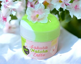 Thick and Glossy Texture ~ "Sakura Matcha Latte" ~ Matcha and Strawberry scented ~ ASMR ~ Perfect Birthday Gift ~ Spring themed slimes