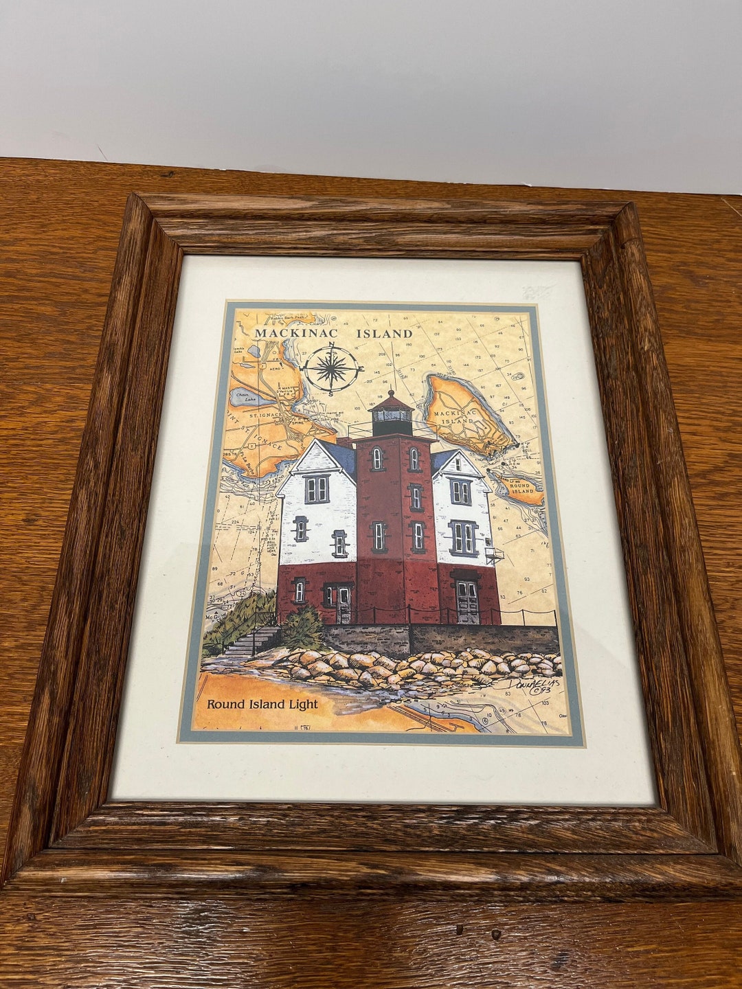 Vintage 1993 Mackinac Island Print Round Island Light by Donna Elias Framed Lighthouse Michigan