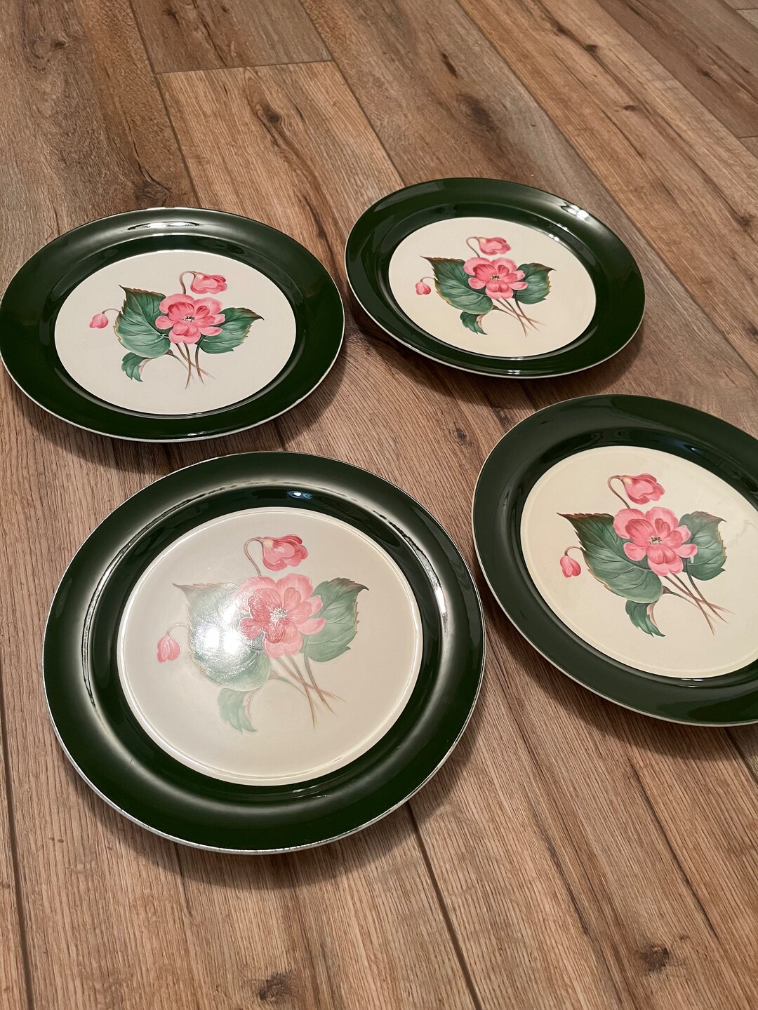 Vintage Taylor Smith Set of 4 Dark Green Rimmed Dinner Plates Pink
