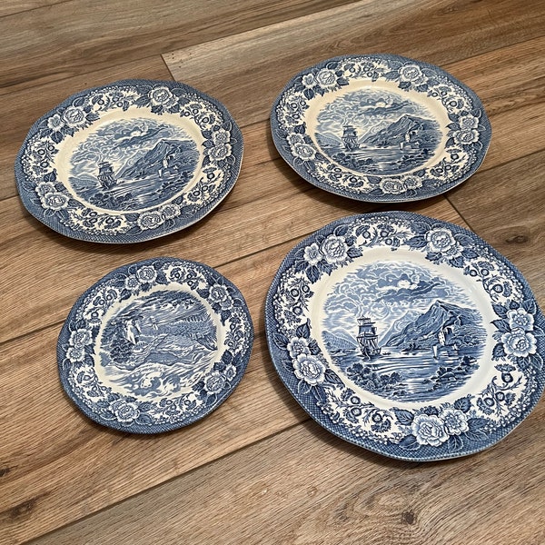 Reserved for April-Vintage Plates Set of 4 Lochs of Scotland England Blue Fine China Genuine Hand Engraving Decorated Underglaze Primitive