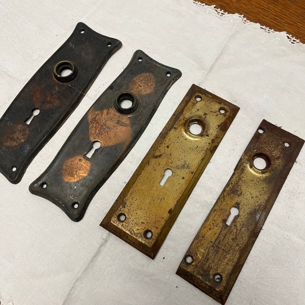 Vintage Set of 4 Copper Metal Tin Bronze Doorplates Vintage Hardware Old Home Basement Find Door Fixture