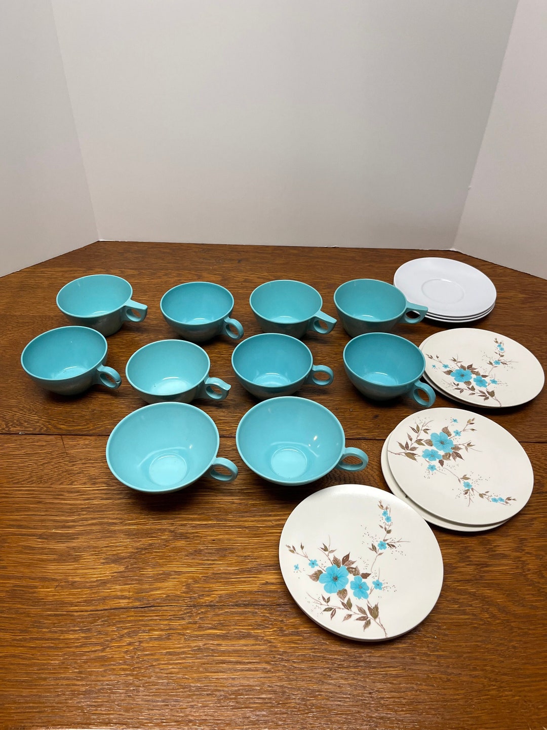 Vintage 19 Piece Set of Melmac Melamine Cups Plates Saucers Aqua Apollo