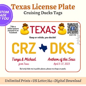Personalized Texas License Plate Cruising Duck Tag, Rubber Duck Tag Customized with Your Details, PDF Template Digital Download