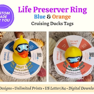 Custom Life Preserver Ring Cruising Ducks Tags, No String/Band Needed, Personalized Orange & Blue Cruise Tag, Customizable Rubber Duck Tag