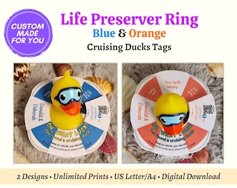 Custom Life Preserver Ring Cruising Ducks Tags, No String/Band Needed, Personalized Orange & Blue Cruise Tag, Customizable Rubber Duck Tag