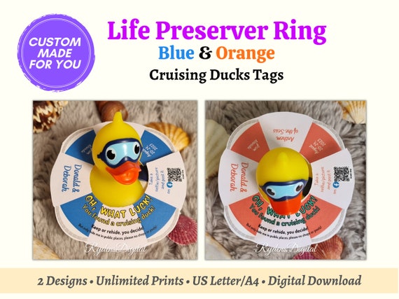 Custom Life Preserver Ring Cruising Ducks Tags, No String/Band Needed, Personalized Orange & Blue Cruise Tag, Customizable Rubber Duck Tag