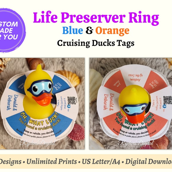 Custom Life Preserver Ring Cruising Ducks Tags, No String/Band Needed, Personalized Orange & Blue Cruise Tag, Customizable Rubber Duck Tag