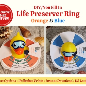 Peut inclure: Deux modèles imprimables pour un jeu de bague de sauvetage DIY. Les modèles présentent un canard en caoutchouc jaune avec un masque de plongée bleu, l'un avec une bague orange et l'autre avec une bague bleue. Le texte sur la bague dit "Oh, quelle chance ! Vous avez trouvé un canard en croisière !" et comprend des instructions pour garder ou cacher le canard.