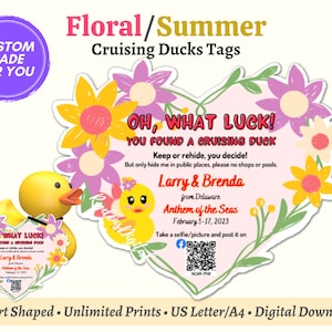 Custom Floral Summer Cruising Ducks Tags in Heart Shaped Form, Personalized Rubber Duck Tag, PDF Digital Download Cute Cruise Duck Tag