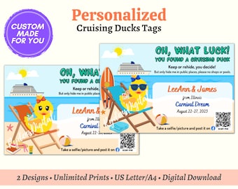 Gepersonaliseerde Cruise Duck-tags in zomerstijl, aangepast met uw cruisegegevens Rubberen Duck-tag, digitale PDF-download, Carnival Duck-tag